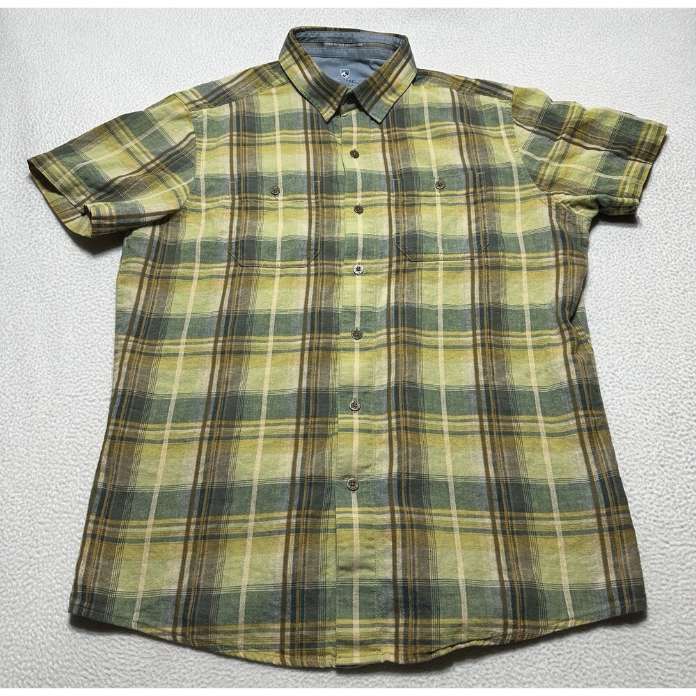 Kuhl Linen Blend Short Sleeve Button Shirt Men's Medium Plaid Hike Outdoor